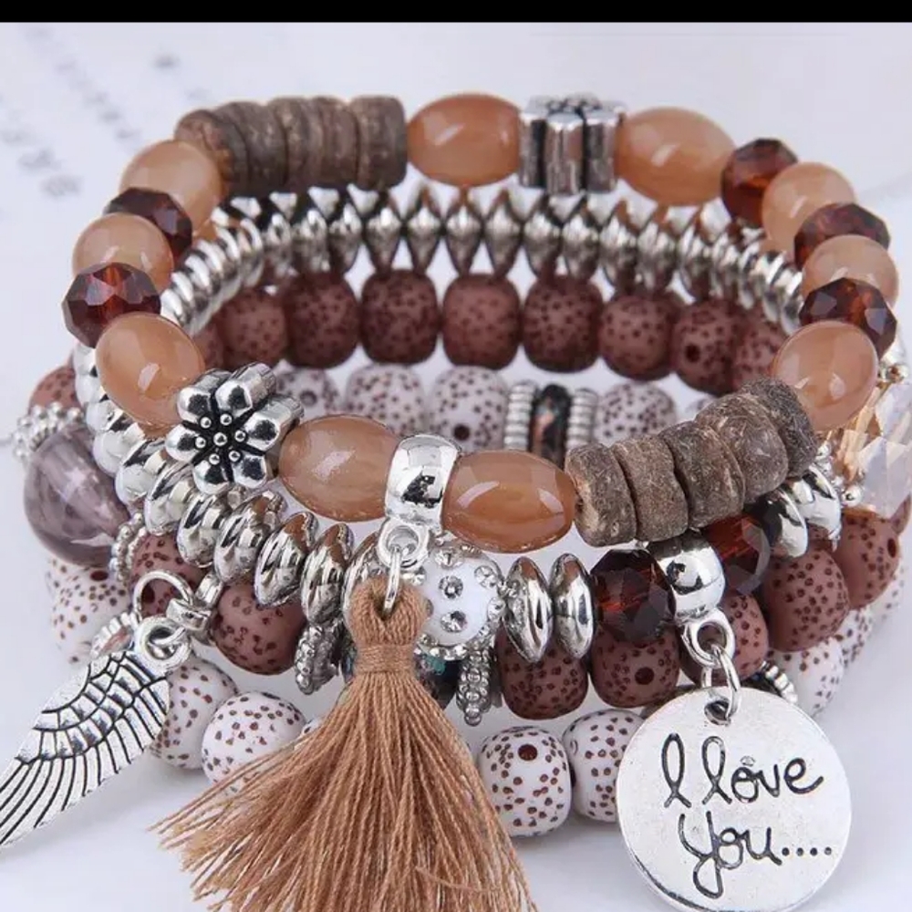 4pcs/Set Disc Love Wings Tassel Volcano Stone Beads Bracelet, Pink & Multicolor